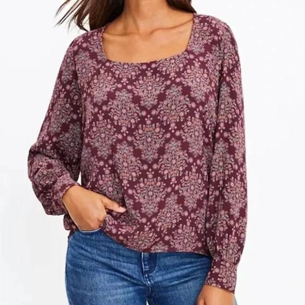 LOFT Blouse Womens Medium Burgundy Floral Medallion Print Square Neck Boho